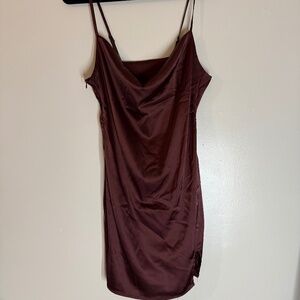 H&M Dark Brown / Maroon Satin Mini Dress with a Low Cowl Neckline